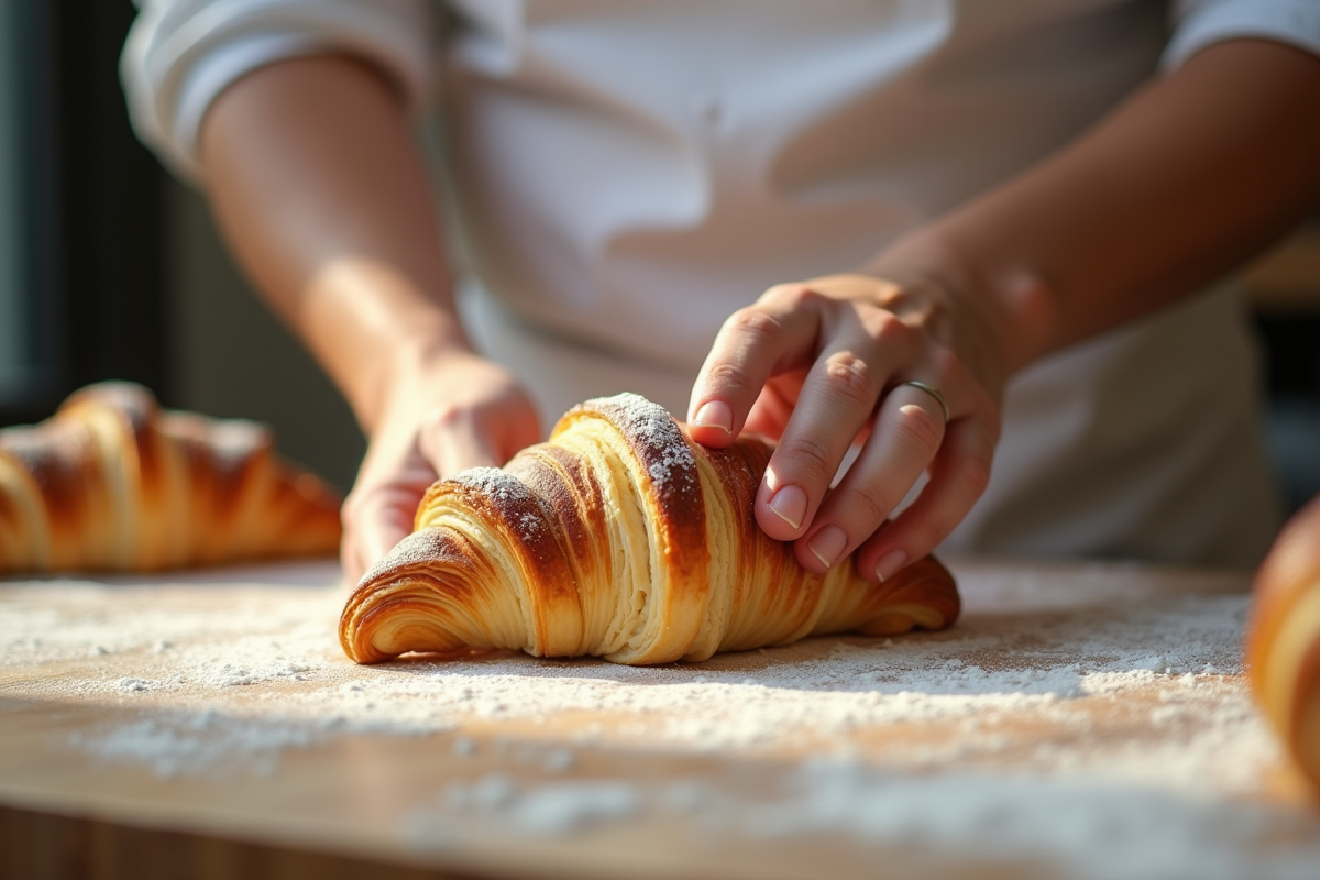 Les mains d'un chef façonnant la pâte à croissants en cuisine