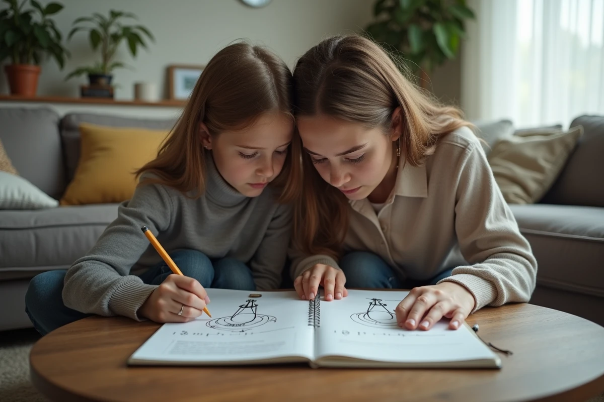 Mère et fille concentrées sur une partie de pendu avec un mot très compliqué dans un carnet