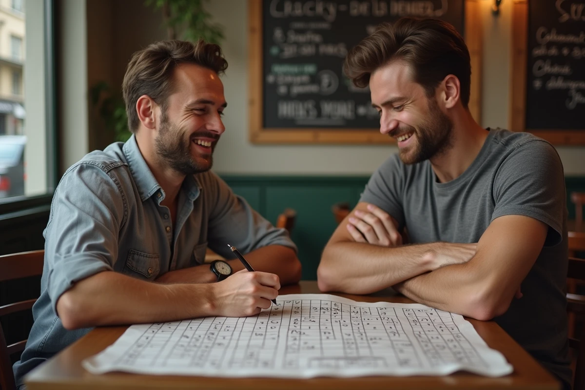 Deux amis jouant au pendu avec des mots difficiles dans un café