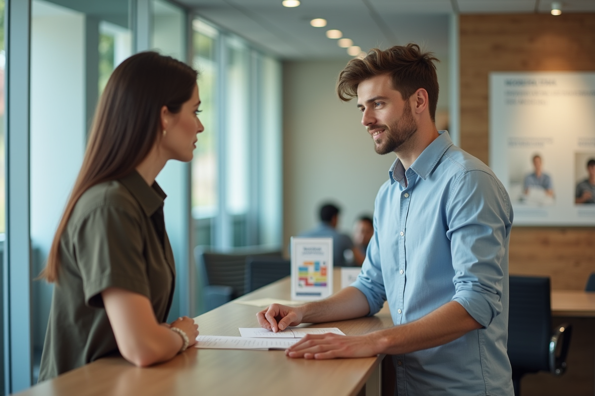 Jeune père parlant avec une agente dans un bureau CAF