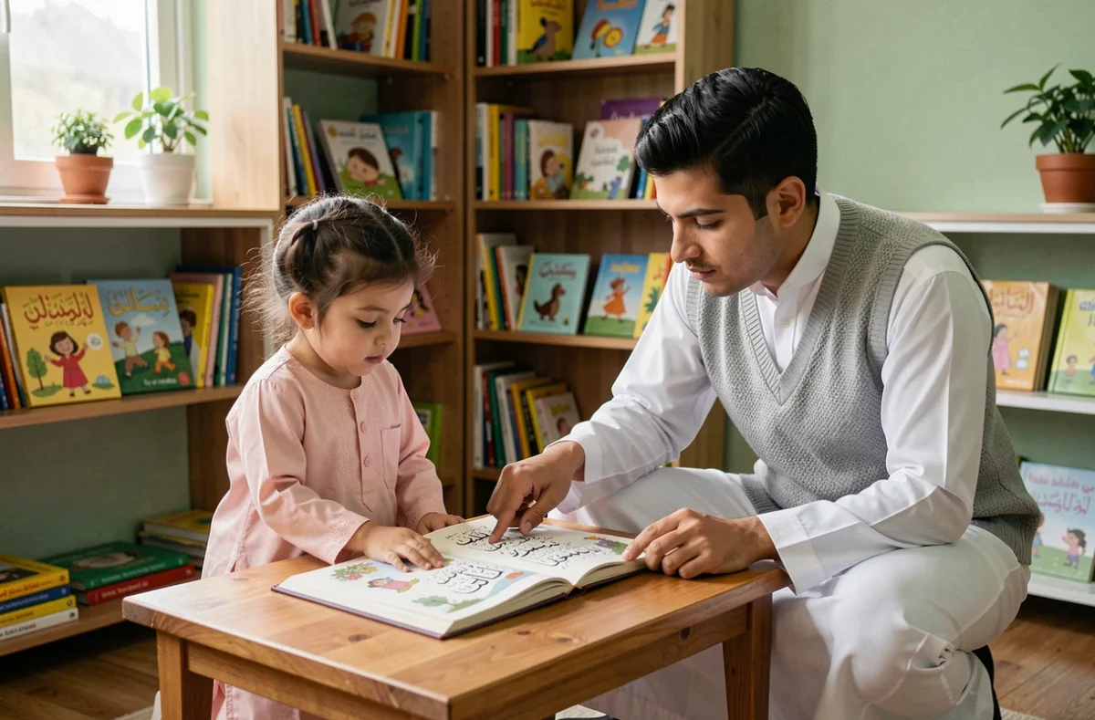 Père musulman en thobe blanc guidant sa fille dans l'apprentissage de la formule Allahouma barik sur un livre illustré