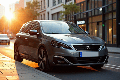 Peugeot 308 GTI automatique stationnée en ville au lever du soleil