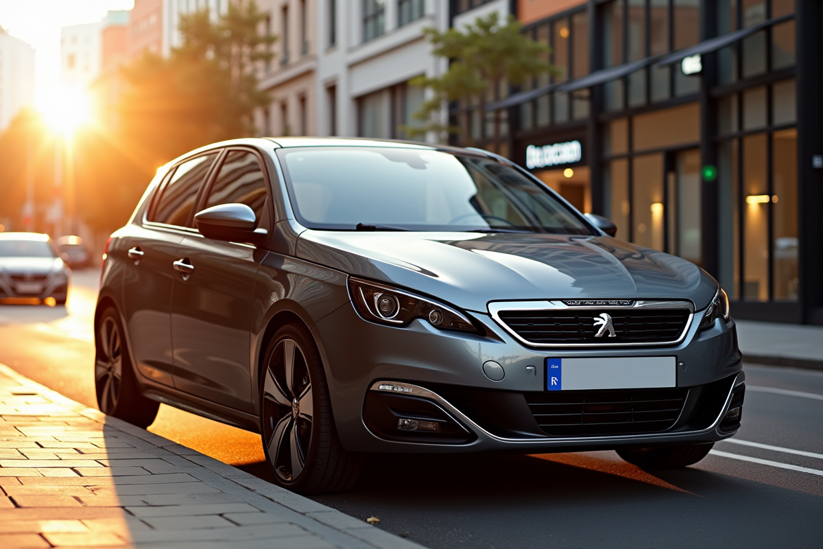 Peugeot 308 GTI automatique stationnée en ville au lever du soleil