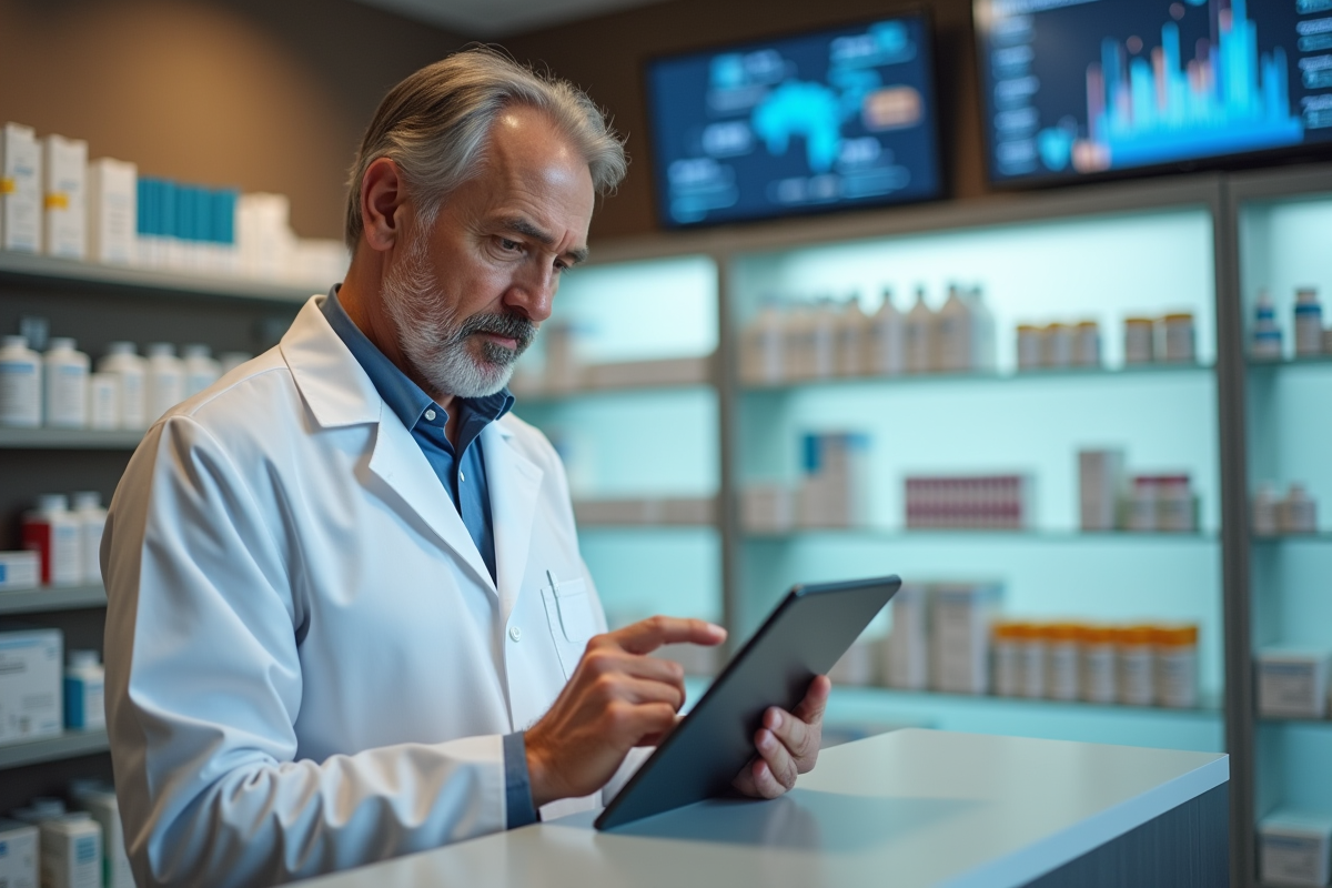 Pharmacien utilisant une tablette derrière le comptoir de pharmacie