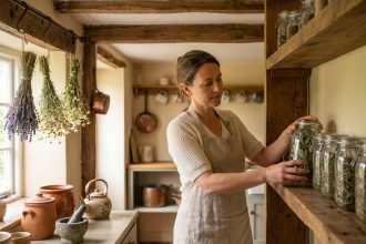 Femme arrangeant des bocaux de plantes médicinales séchées dans une cuisine rustique en bois