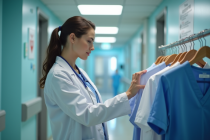 Infirmière confiante dans un hôpital moderne examinant des blouses