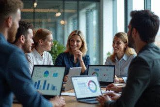 Groupe de professionnels académiques collaborant autour d'une table moderne