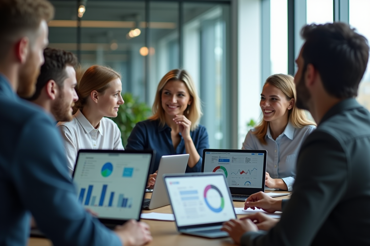 Groupe de professionnels académiques collaborant autour d'une table moderne