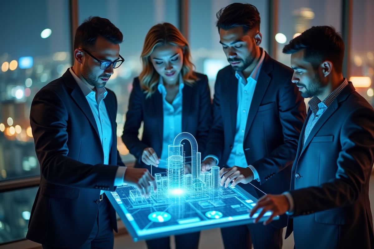 Professionnels collaborant sur un écran blockchain en bureau