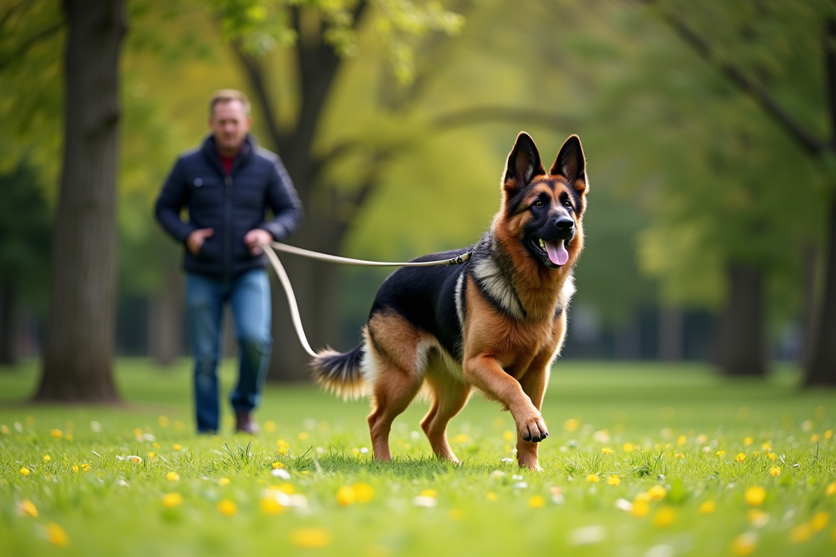 Chien berger belge adulte tirant sur sa laisse lors d