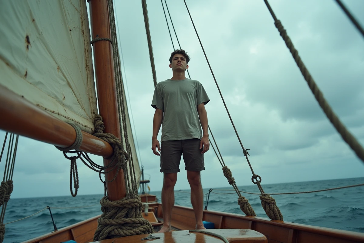 Jeune homme debout à la proue d'un voilier en mer, regard défiant face à l'horizon, symbolisant la quête de liberté et la fuite du destin