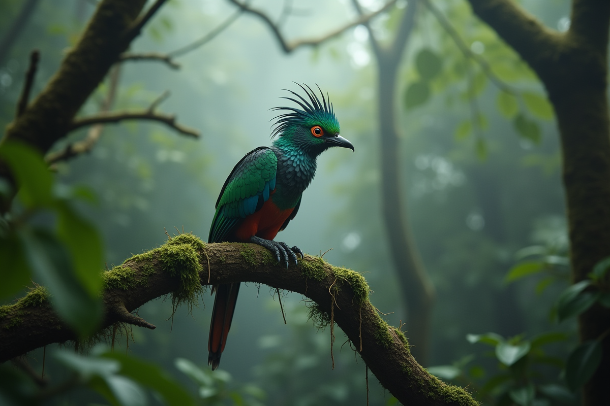 Quetzal perché sur une branche dans la forêt brumeuse