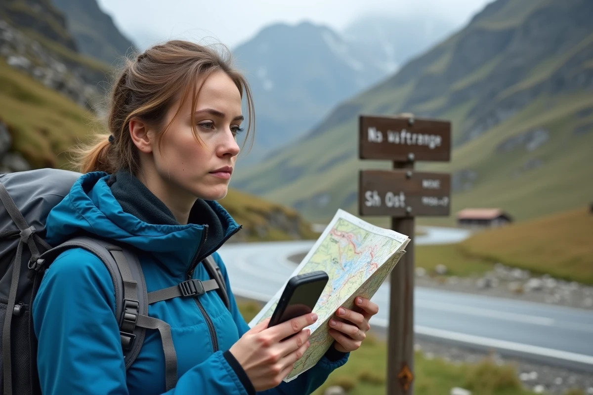 Randonneuse comparant des distances en miles et kilomètres sur une carte routière et un GPS à un croisement de montagne