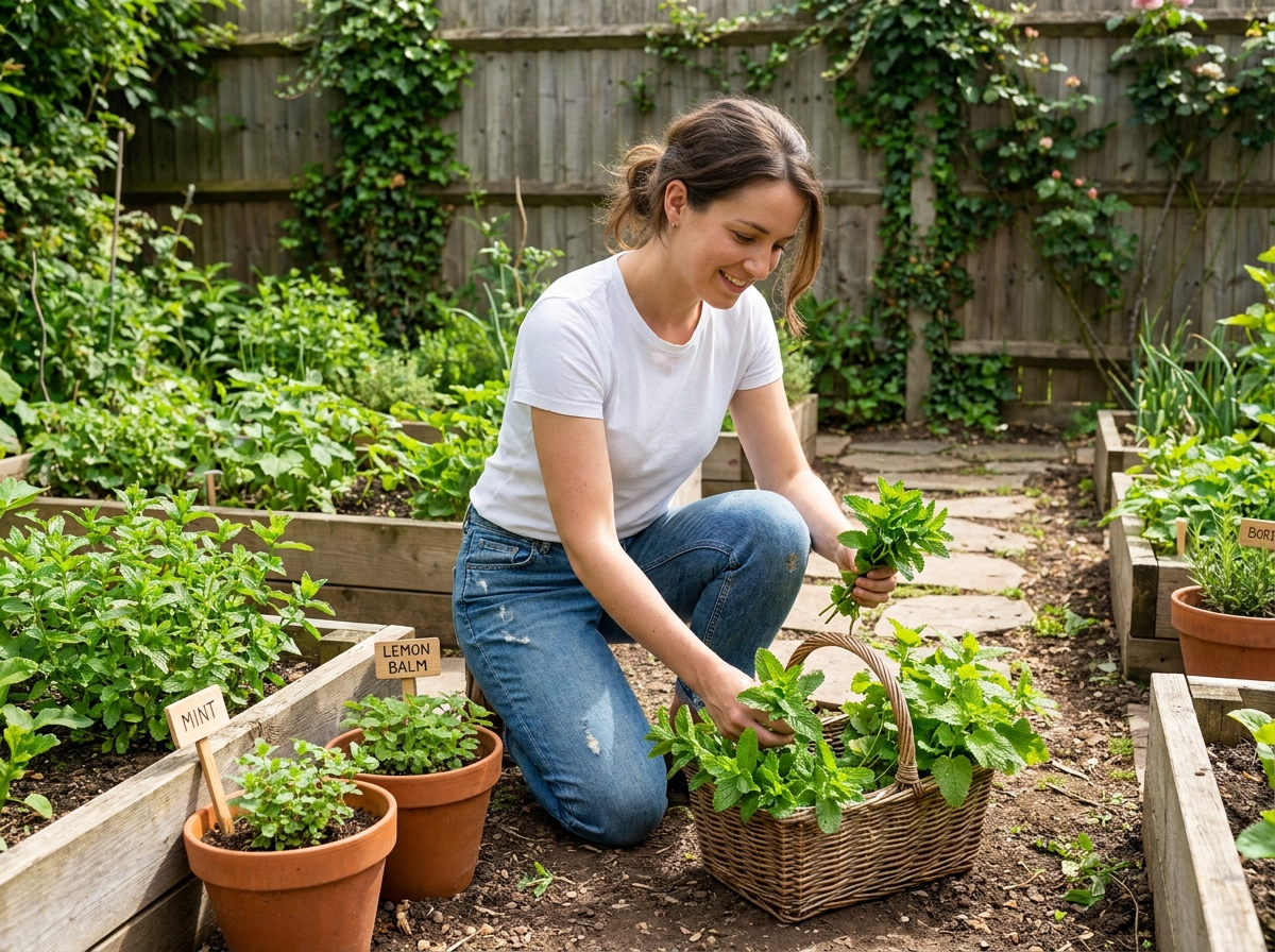 Jeune femme récoltant des herbes aromatiques médicinales dans un jardin potager familial