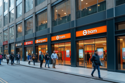 Rue urbaine avec banques ouvertes et fermées en journée