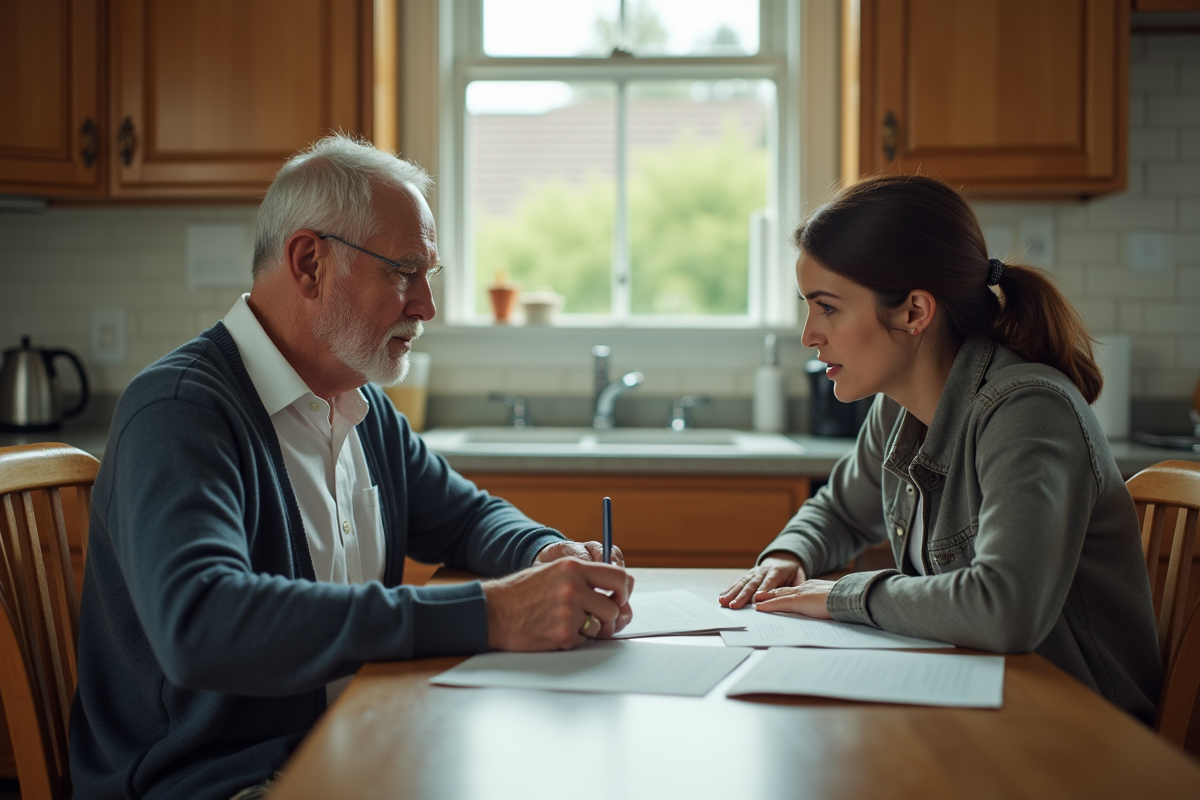 Femme et jeune femme lisant un document dans la cuisine