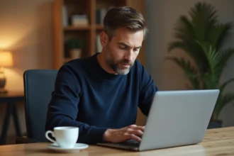 Homme sécurisant son compte en ligne sur un ordinateur portable dans un bureau à domicile moderne