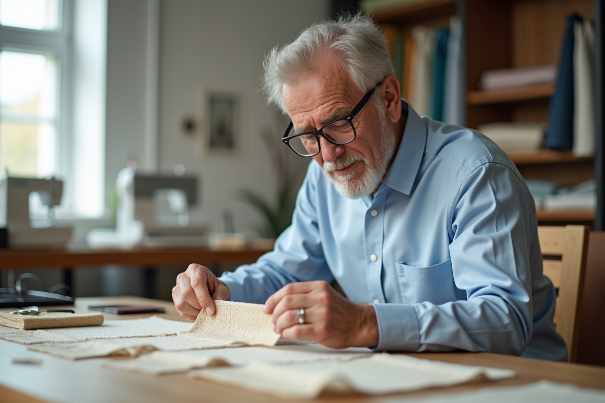 Spécialiste textile âgé examine un échantillon de tissu