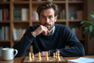 Homme concentré analysant une stratégie de jeu de plateau, illustrant les astuces psychologiques pour anticiper les mouvements adverses