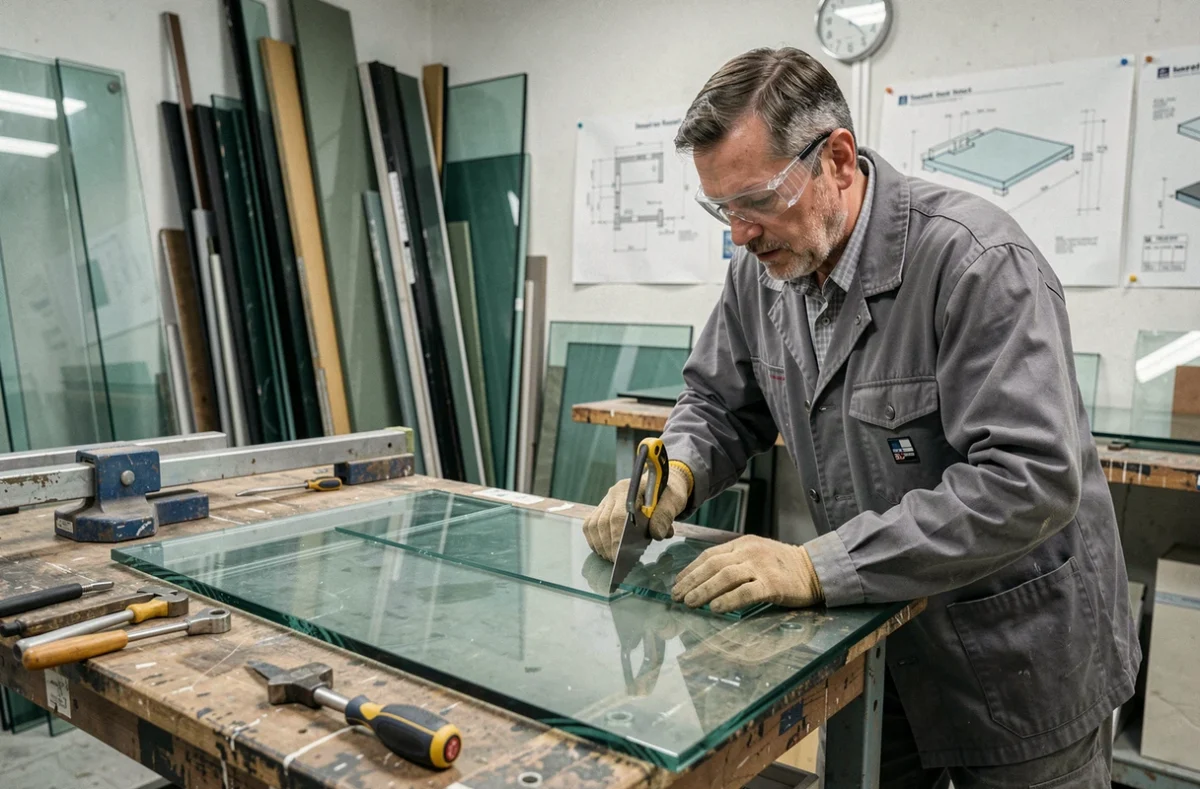 Vitrier de Temexpert SARL découpant une vitre dans un atelier de miroiterie professionnel