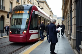 Tramway TBM ligne E ou F à l'arrêt dans le centre de Bordeaux, passagers montant à bord sur un quai en pavés