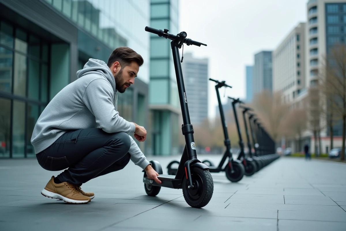 Homme vérifiant l'état mécanique d'une trottinette And Lime en location avant utilisation