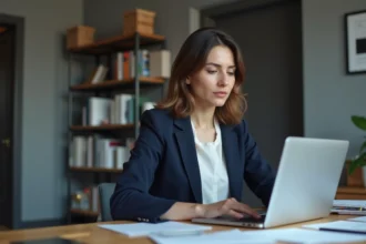 Femme vérifiant la fiabilité d'un site web sur un ordinateur portable dans un bureau moderne