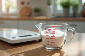 Verre mesureur rempli de sucre blanc sur plan de travail