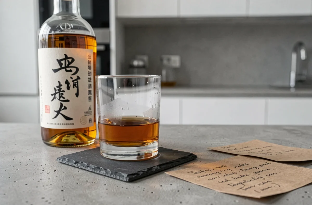 Verre de whisky japonais Akashi ambré posé sur une ardoise avec une bouteille et des notes de dégustation sur fond de cuisine moderne