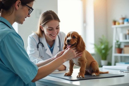 Vétérinaire examinant un cocker spaniel heureux