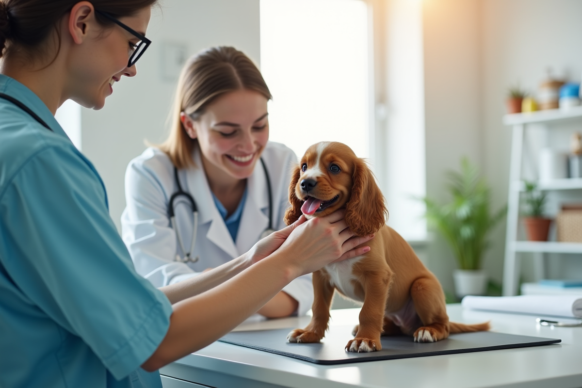 Vétérinaire examinant un cocker spaniel heureux
