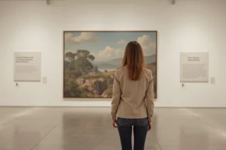 Femme contemplant une œuvre d'art contemporaine dans un musée moderne à Lyon