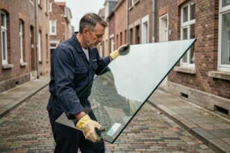 Vitrier professionnel transportant une vitre dans une rue du Pas-de-Calais