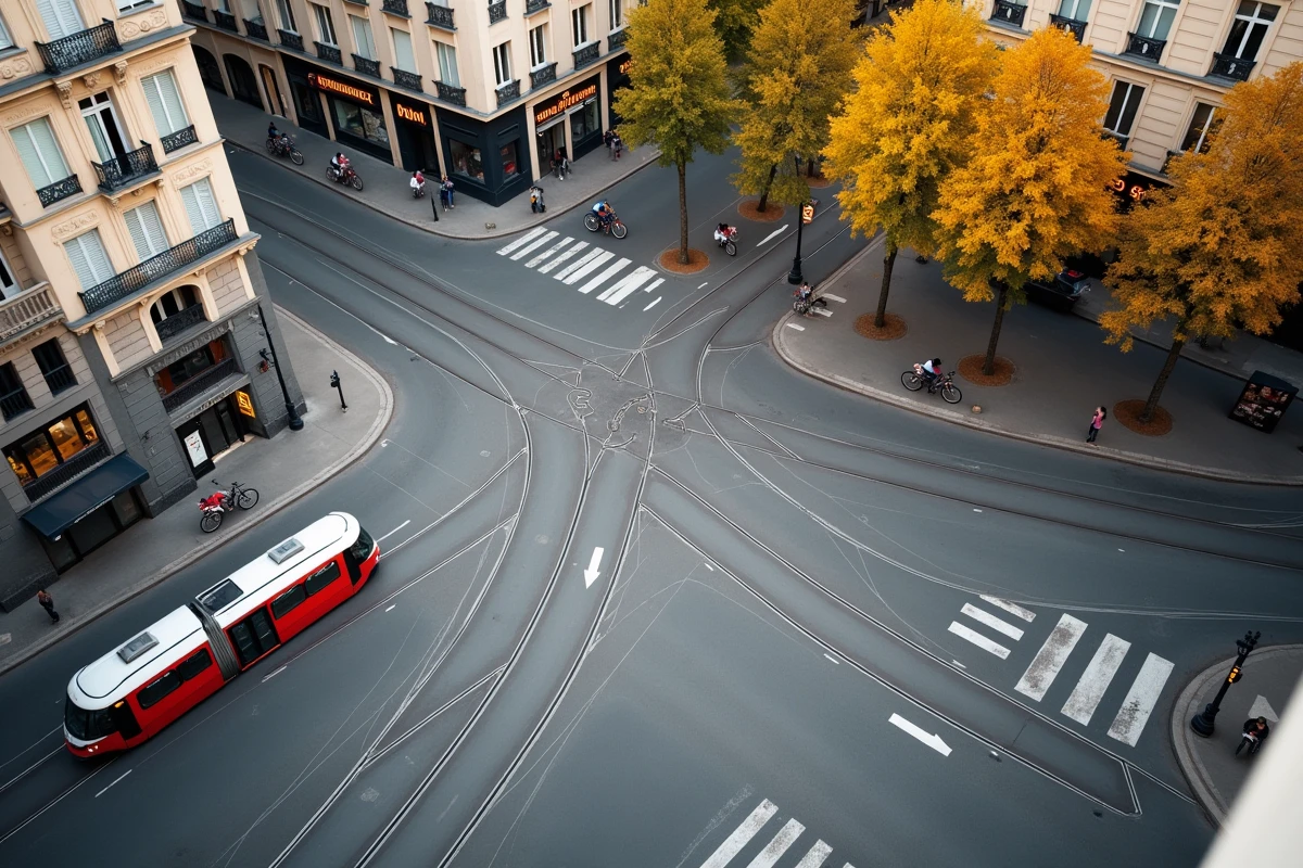 Vue aérienne d'une intersection de tramway à Bordeaux avec les rails encastrés dans le pavé et une rame TBM en circulation
