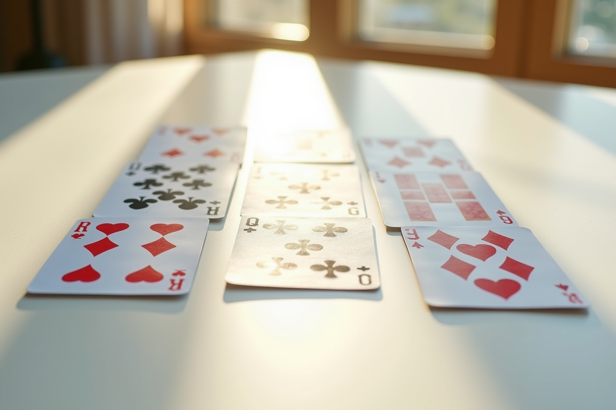 Vue de dessus d un jeu de cartes solitaire organisé sur un bureau blanc